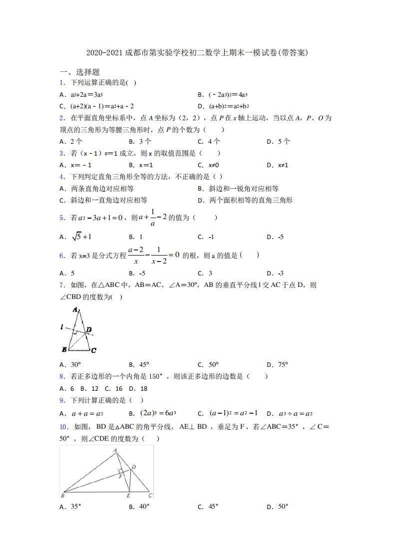 成都市第实验学校初二数学上期末一模试卷(带答案)