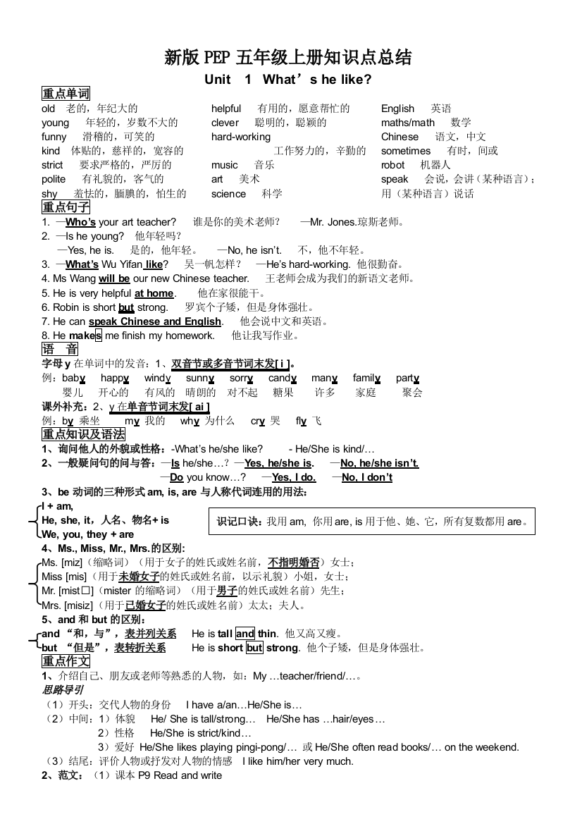 新人教PEP五年级英语上册各单元知识点复习总结