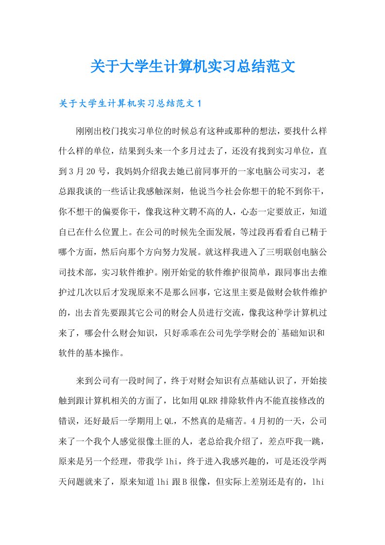 关于大学生计算机实习总结范文