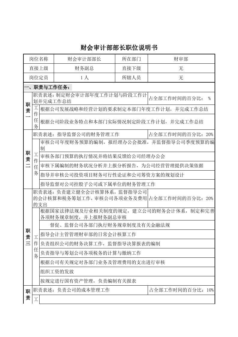 某公司财会审计部部长岗位职责