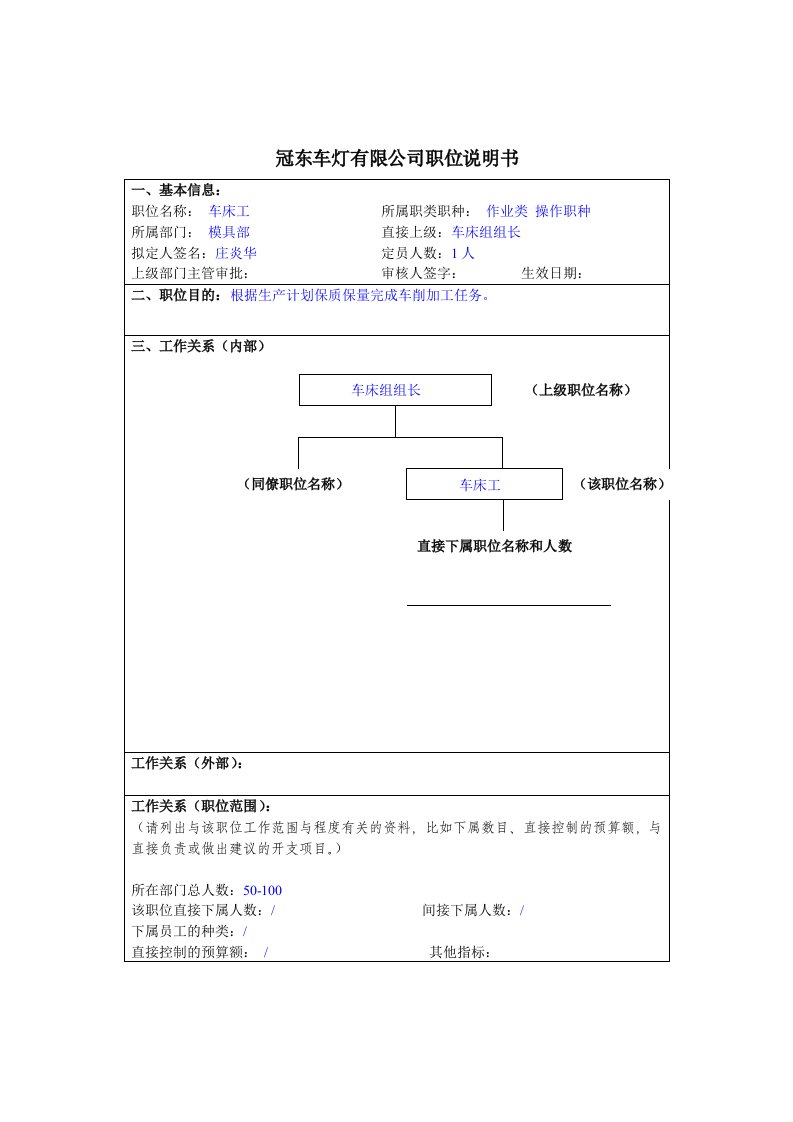 冠东车灯公司模具部车床工职位说明书