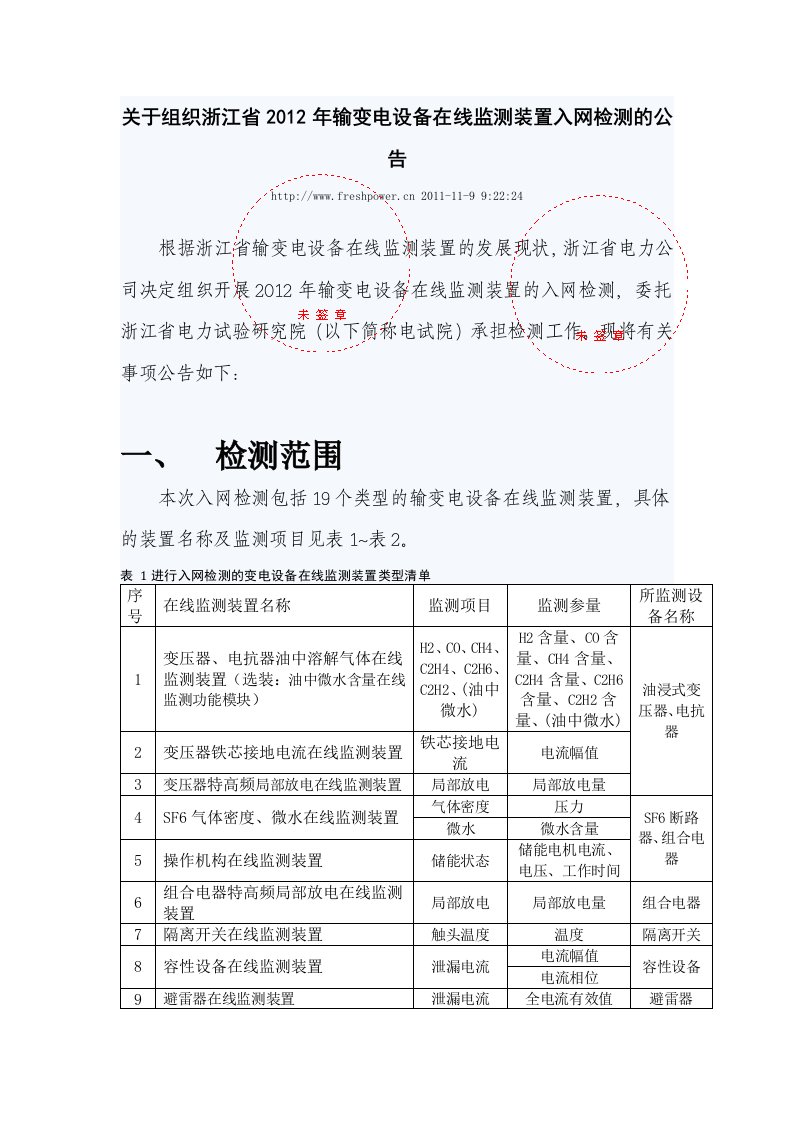 关于组织浙江省2012年输变电设备在线监测装置入网检测的公告（精选）