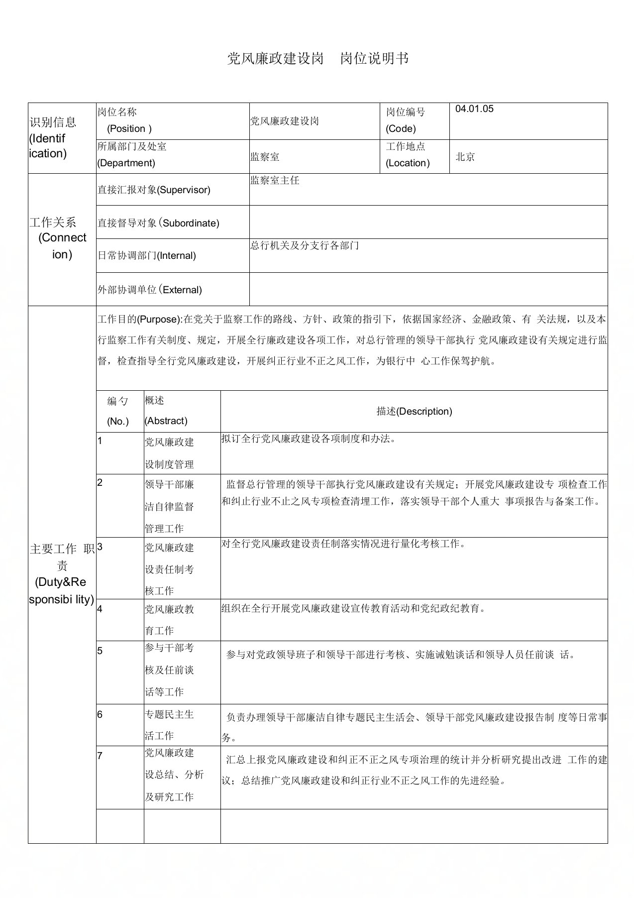 监察室党风廉政建设岗位说明书