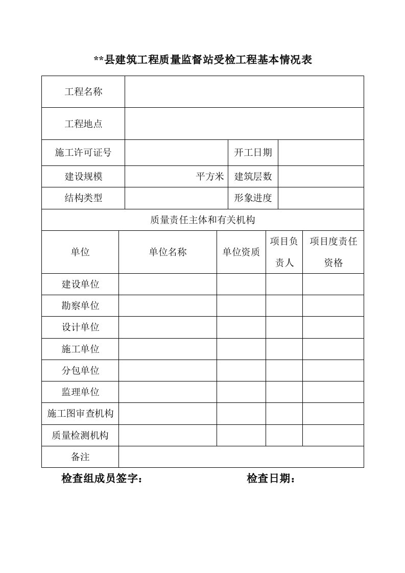 建筑工程质量监督站受检工程基本情况表