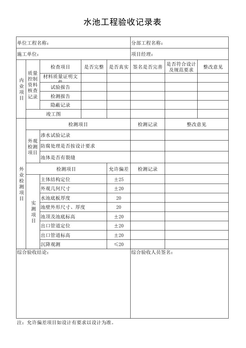 水池工程验收记录表