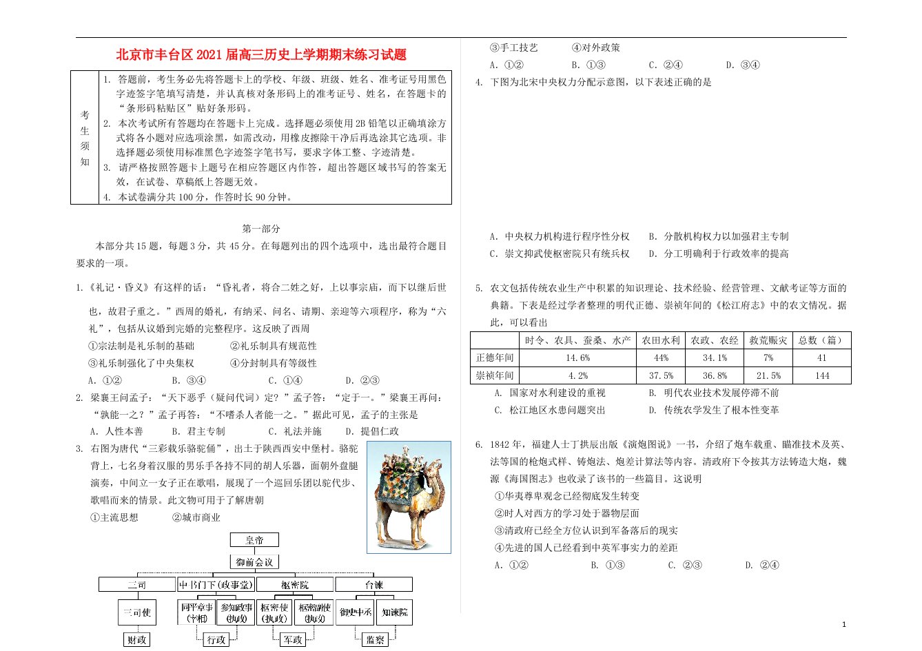 北京市丰台区2021届高三历史上学期期末练习试题