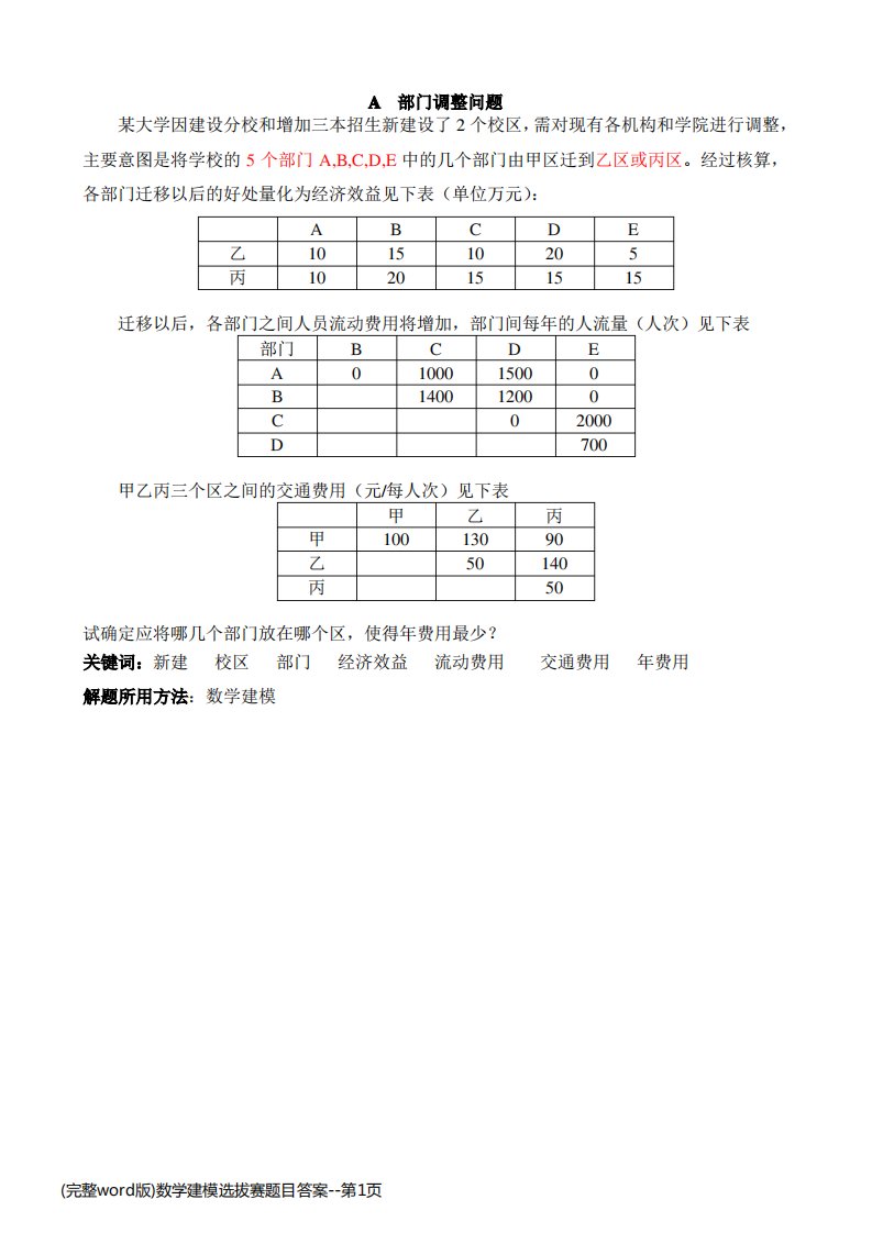 (完整word版)数学建模选拔赛题目答案