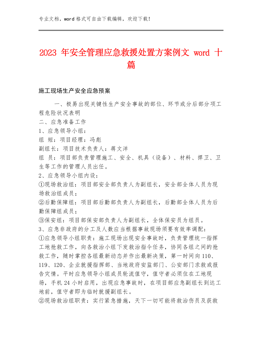 2023年安全管理应急救援处置方案例文word十篇