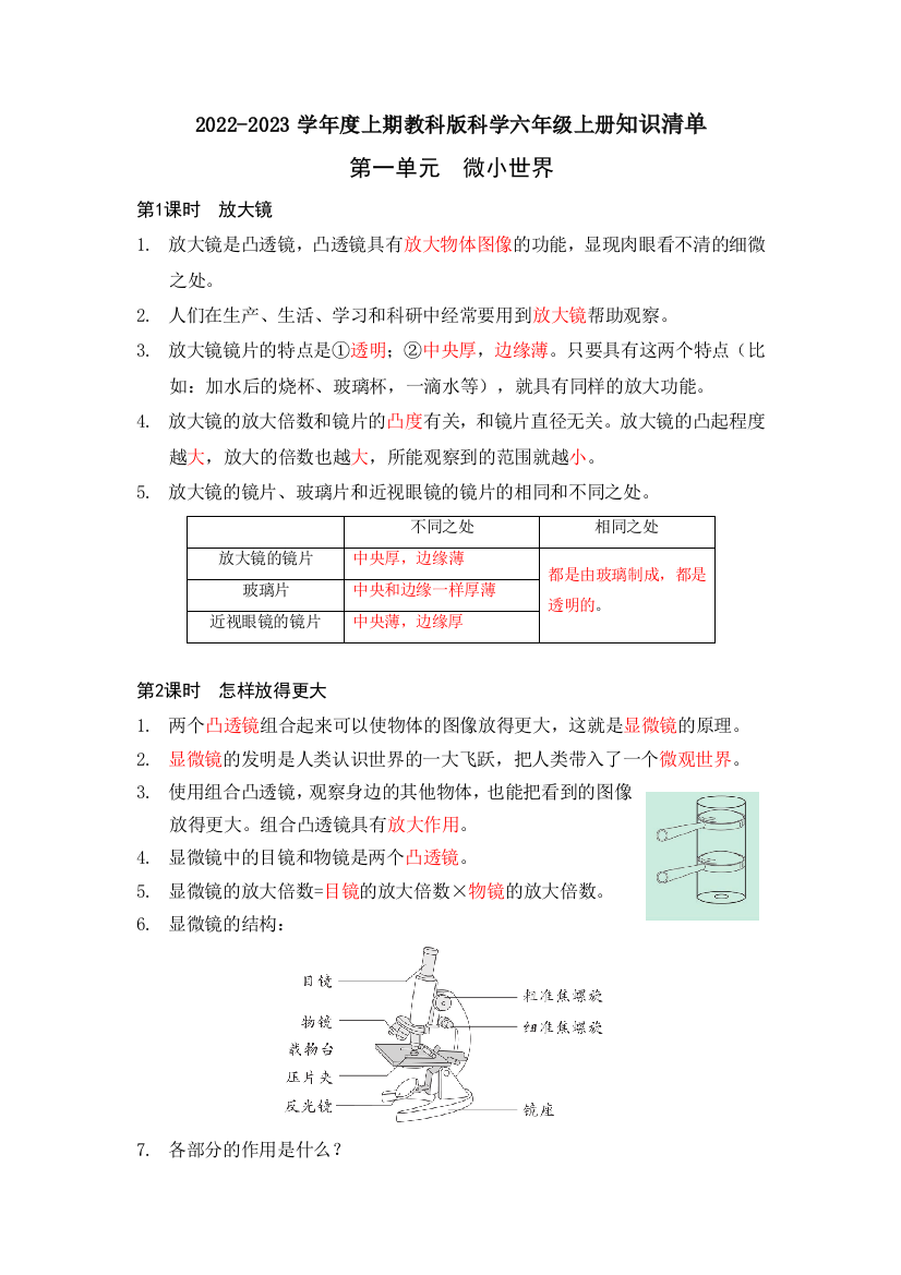 知识总结六年级上册科学教科版