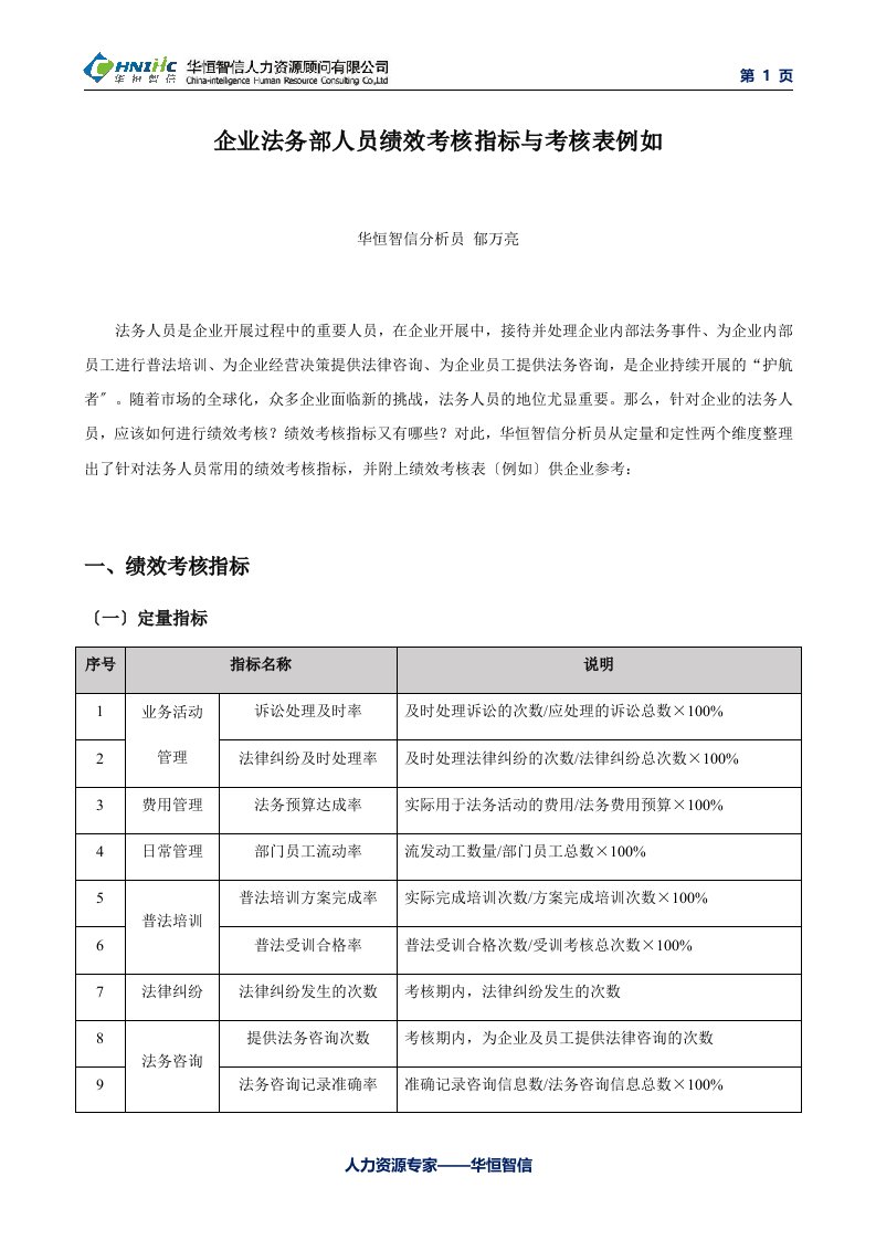 企业法务部人员绩效考核指标与考核表示例