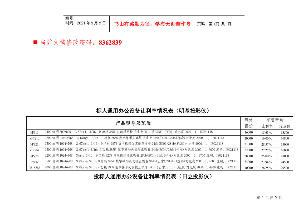 投标人通用办公设备让利率情况表