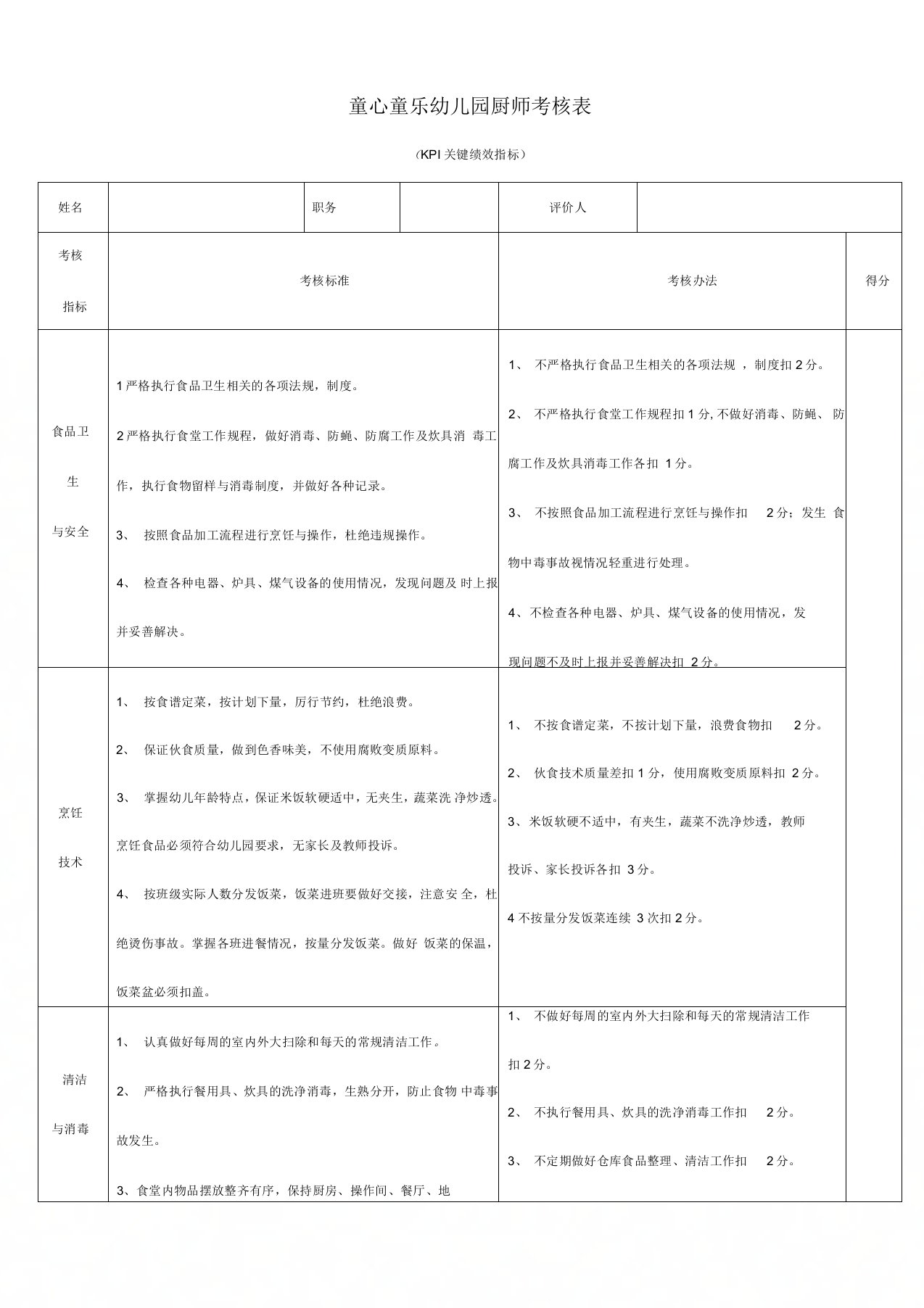 童心童乐幼儿园厨师绩效考核