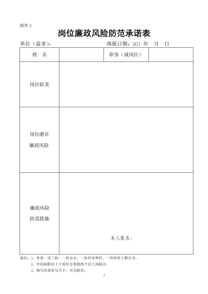 岗位廉政风险防范承诺表