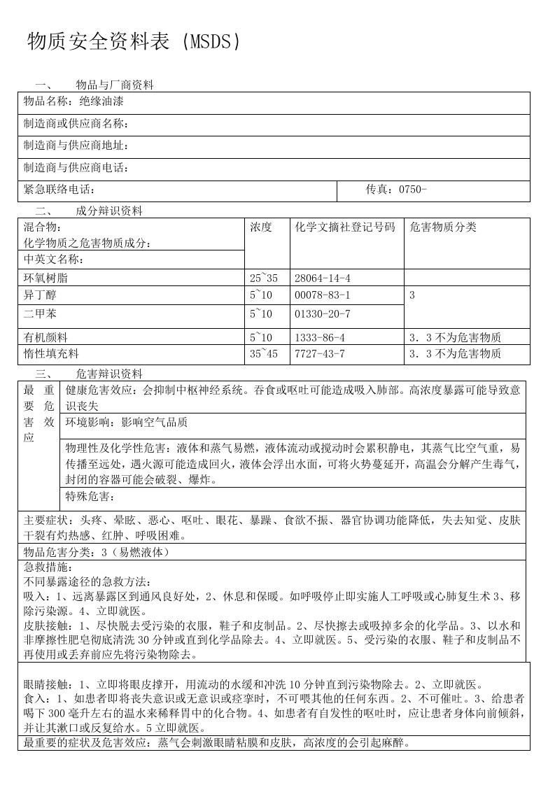 MSDS绝缘油漆