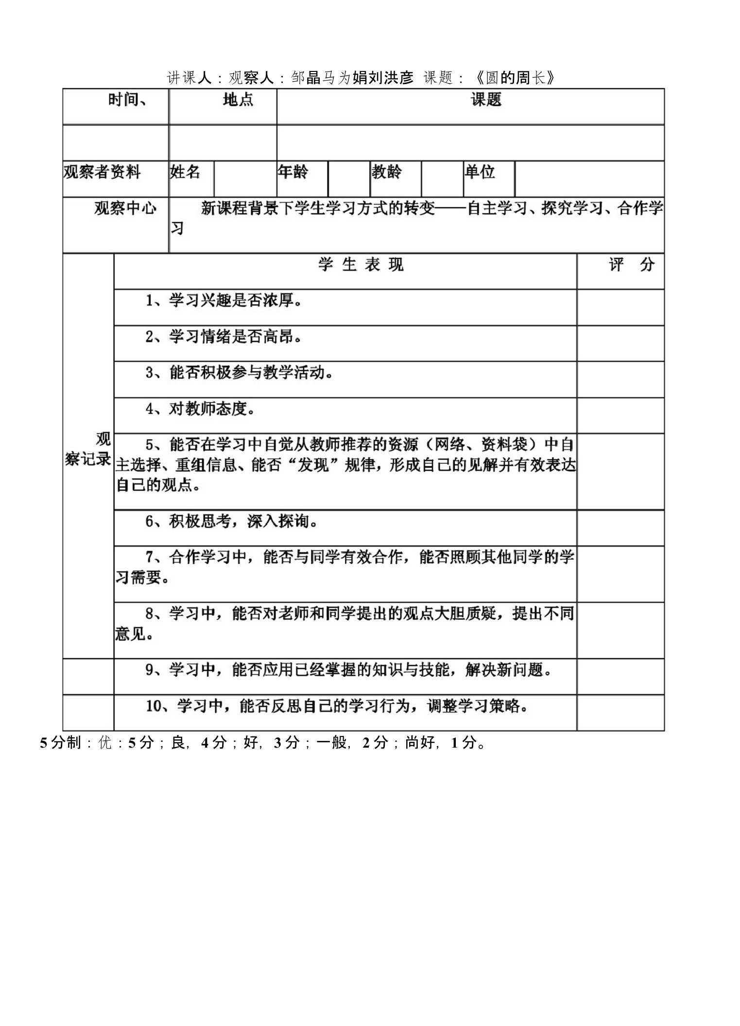 小学数学课堂观察量表