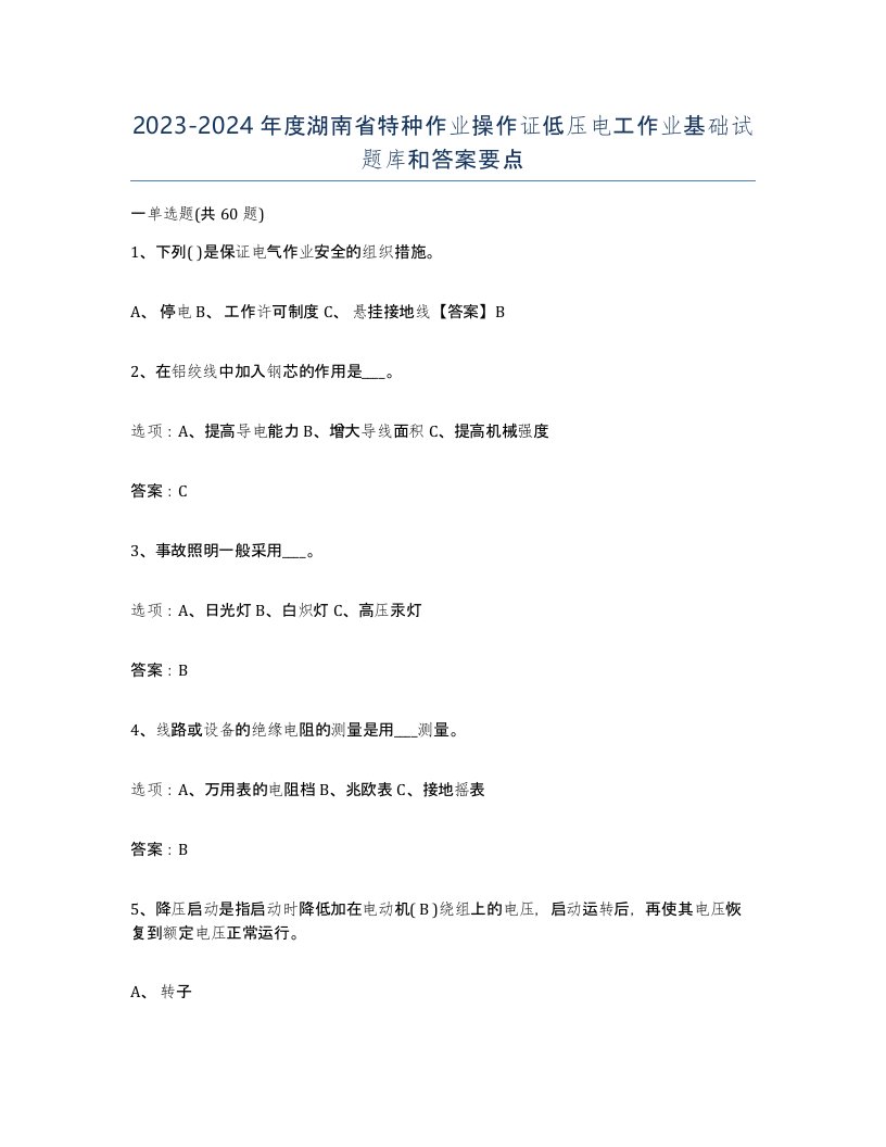 2023-2024年度湖南省特种作业操作证低压电工作业基础试题库和答案要点