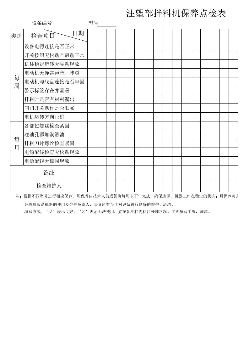 注塑部拌料机点检表