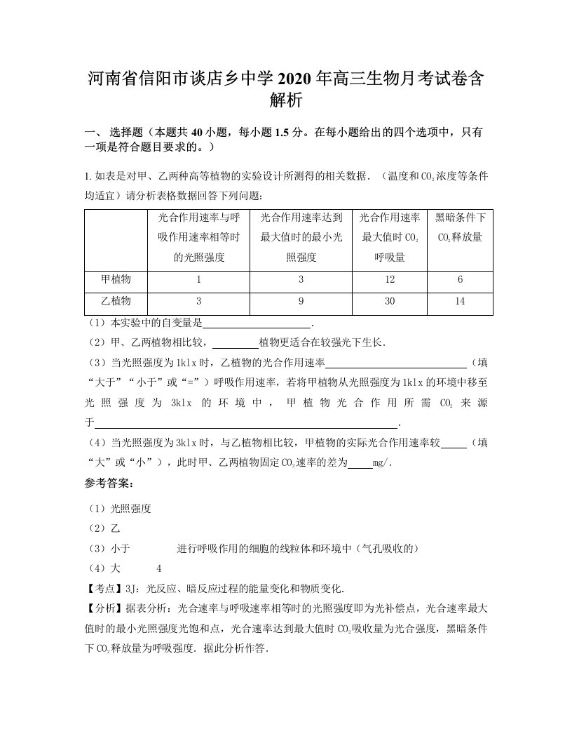 河南省信阳市谈店乡中学2020年高三生物月考试卷含解析