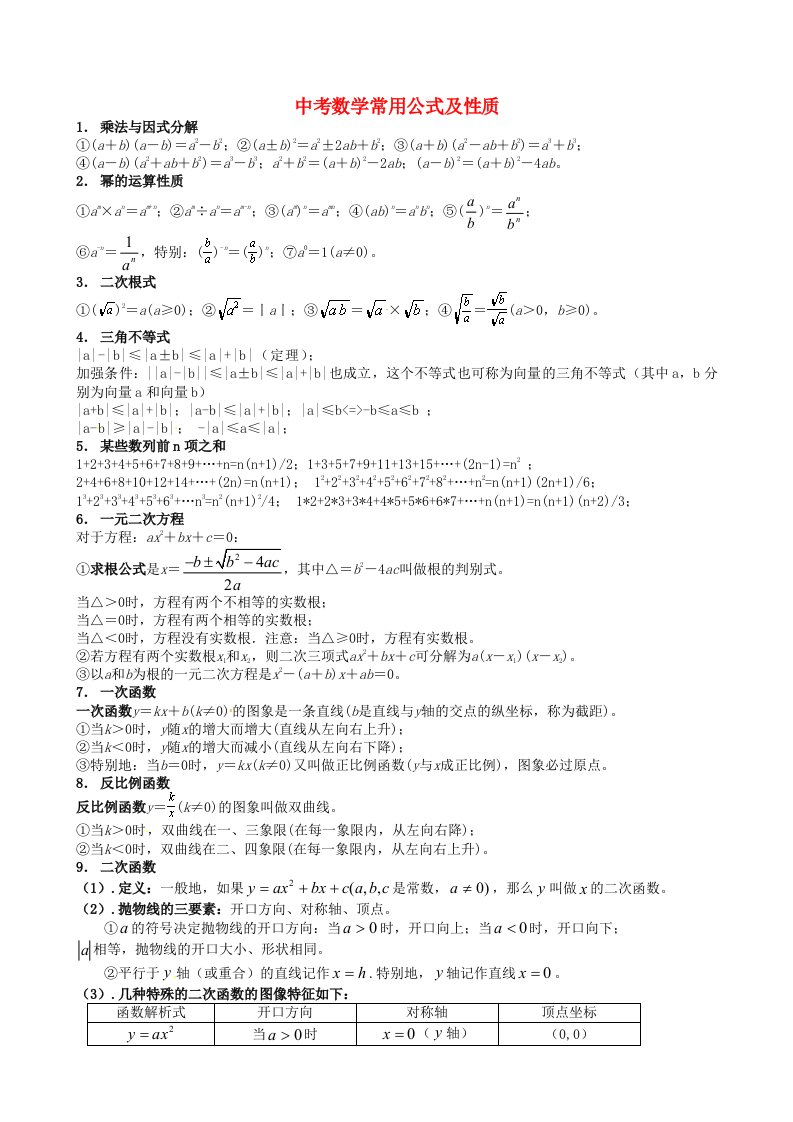 中考数学知识点总结