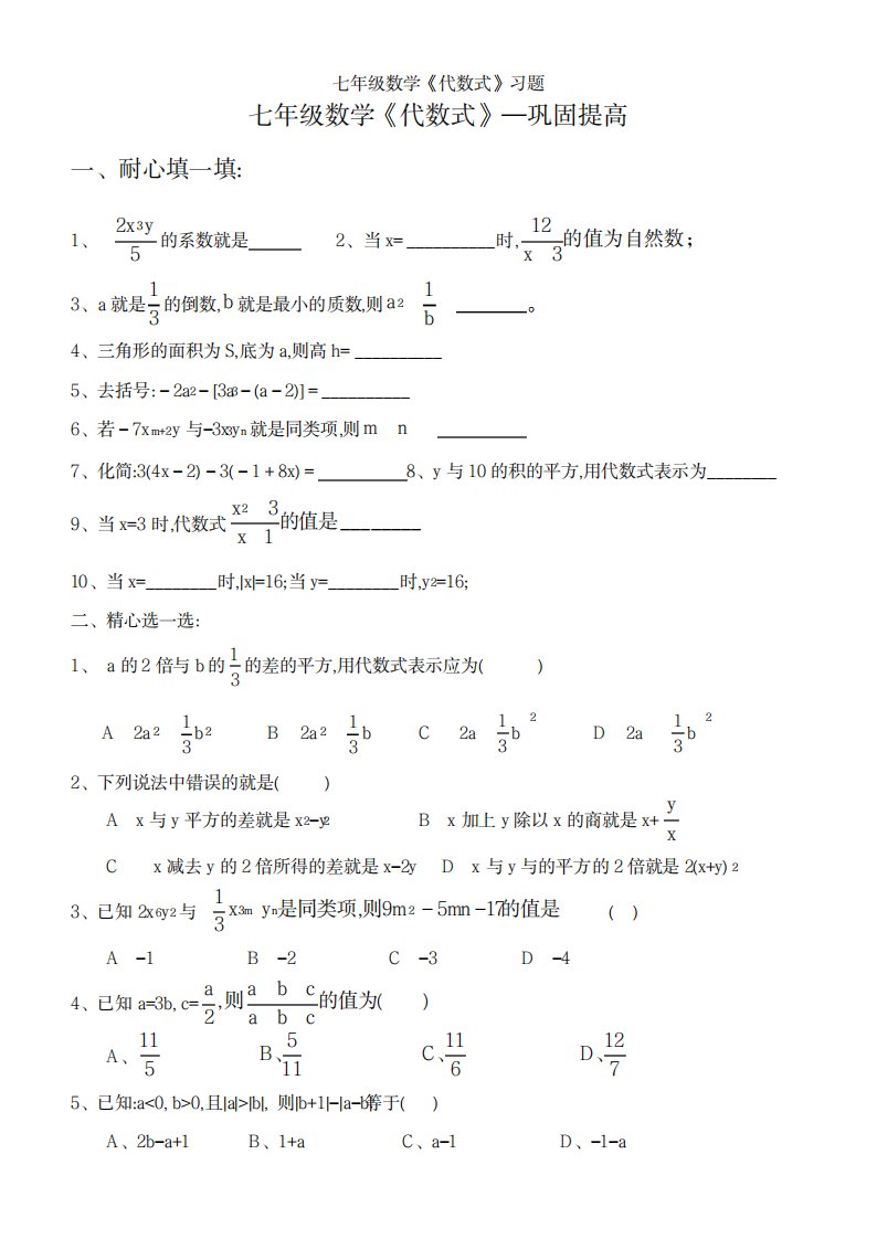 2023年七年级数学《代数式》习题