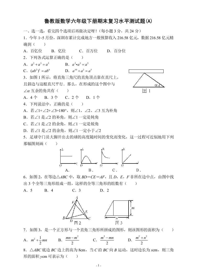 鲁教版数学六年级下册期末试卷A