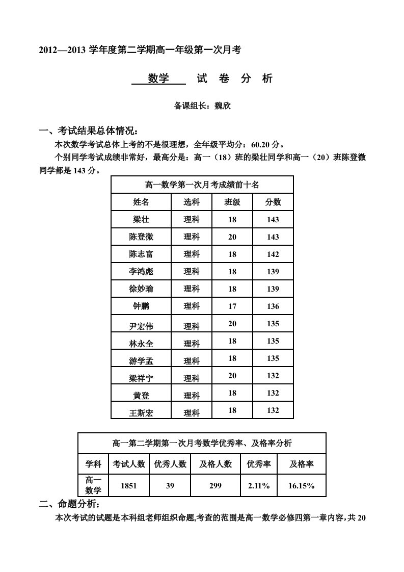 (高一数学科组)高一数学第一次月考试卷分析