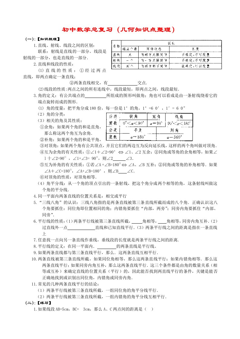 初中数学总复习(几何知识点整理)