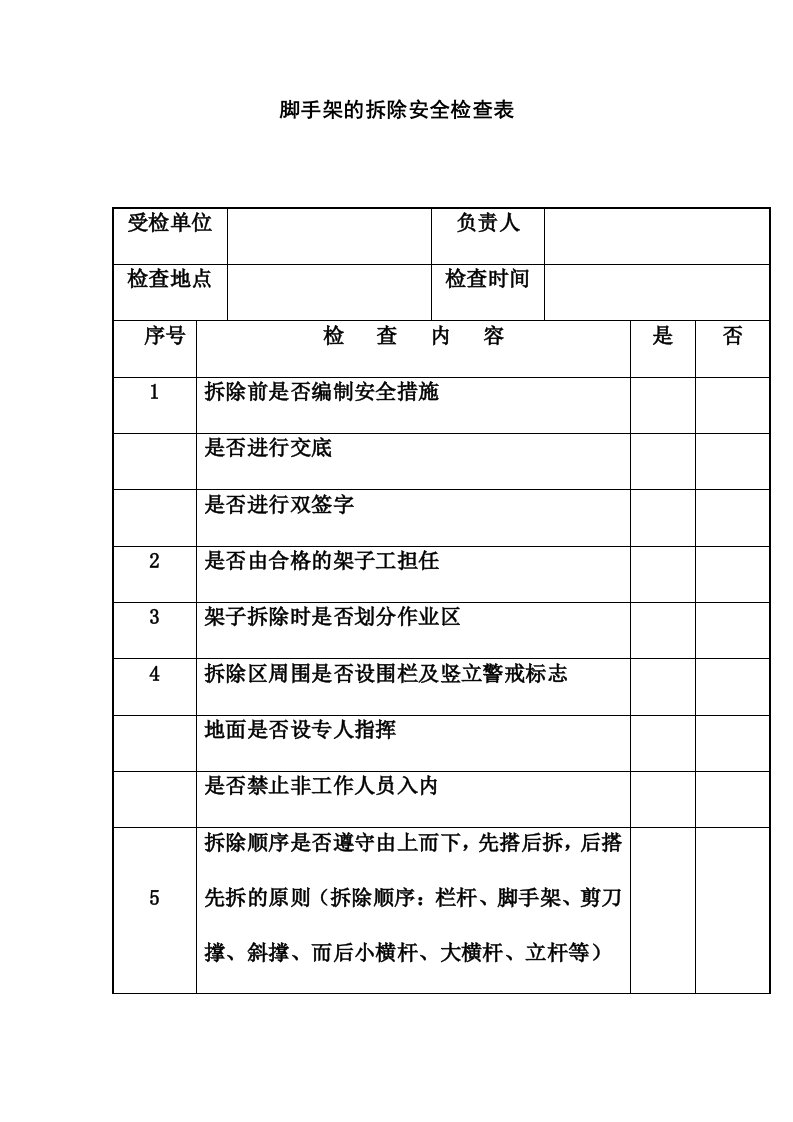 脚手架的拆除安全检查表