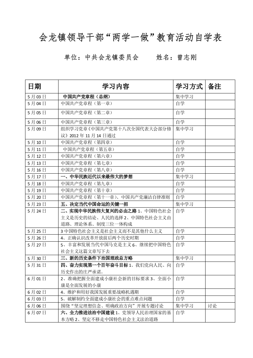 会龙镇领导干部自学计划表