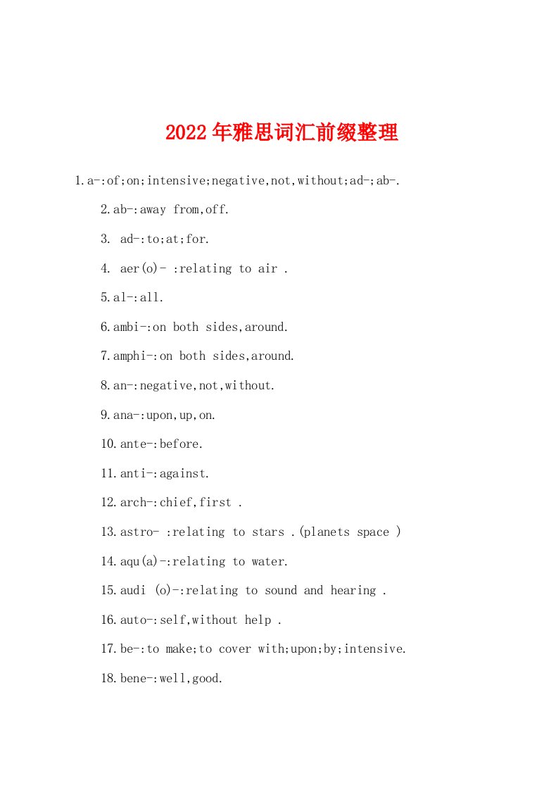 2022年雅思词汇前缀整理