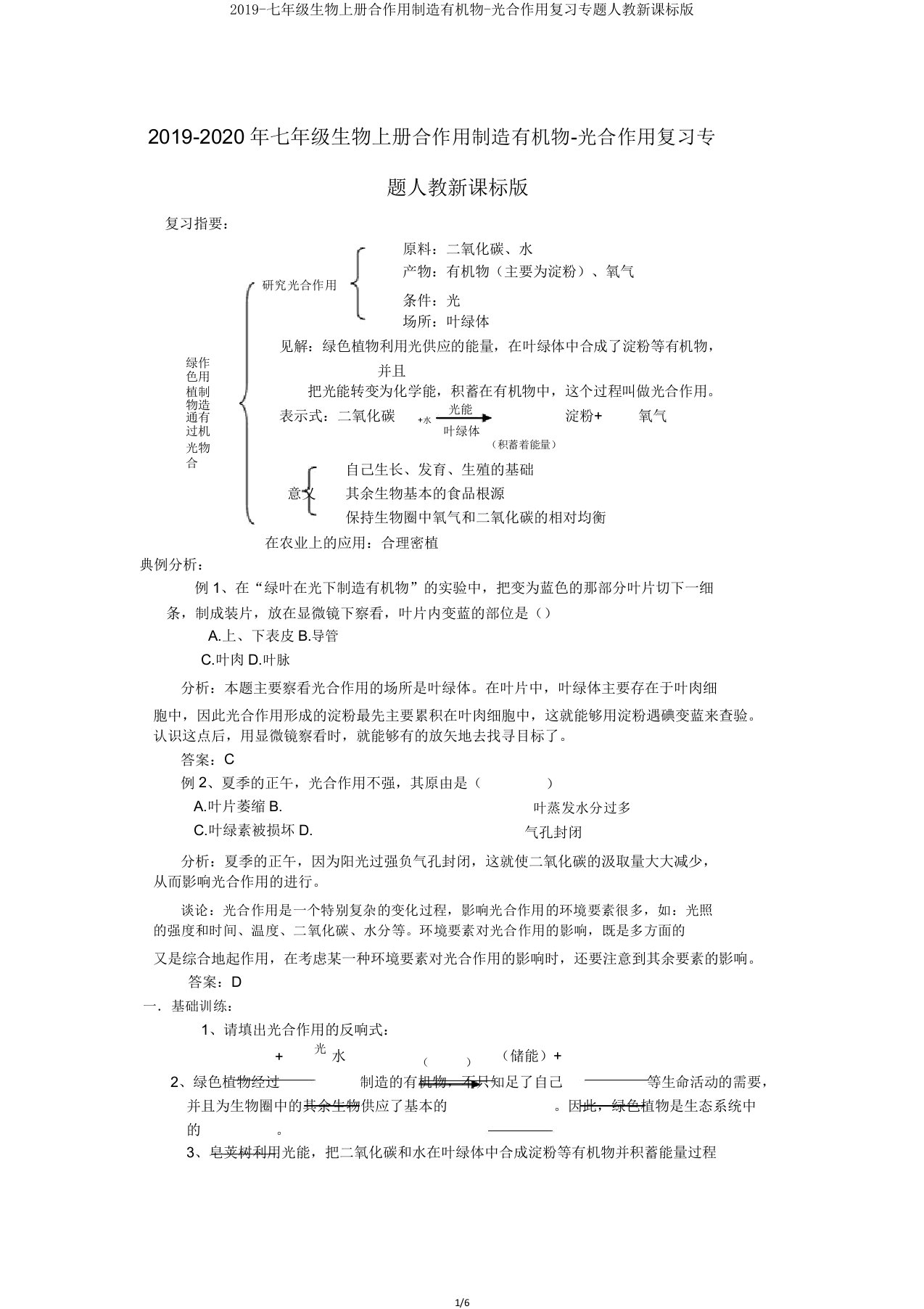 2019七年级生物上册合作用制造有机物光合作用复习专题人教新课标