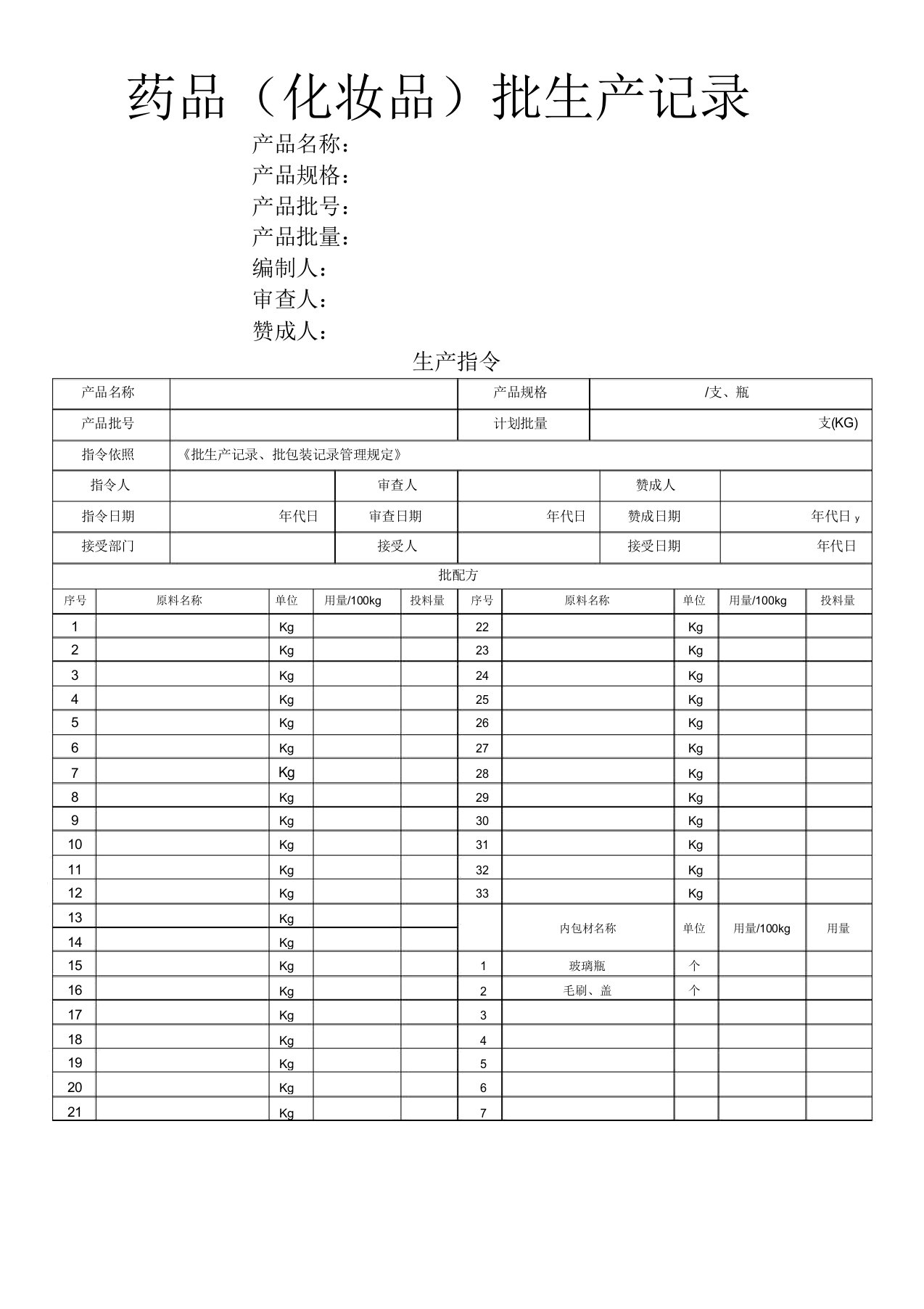 药品化妆品批生产记录模板