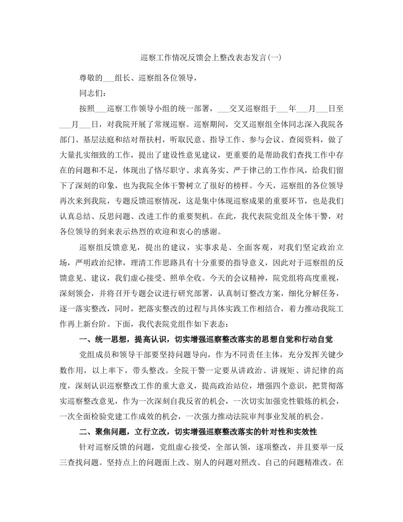 巡察工作情况反馈会上整改表态发言(一)