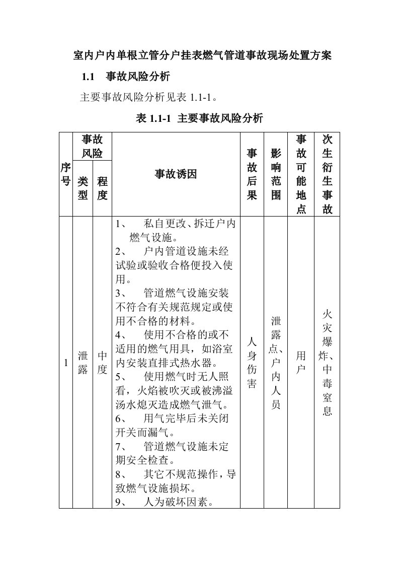 室内户内单根立管分户挂表燃气管道事故现场处置方案