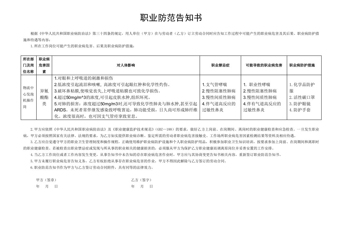 职业危害告知单—异氰酸酯类