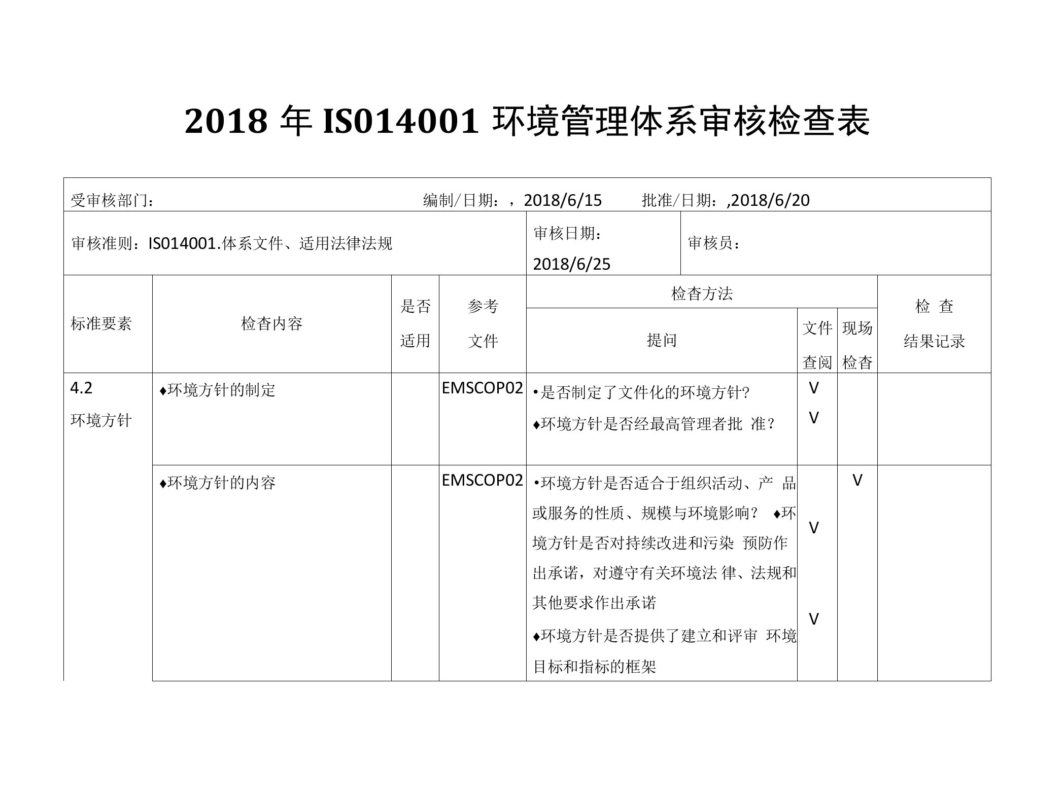 2018年ISO14001环境管理体系审核检查表