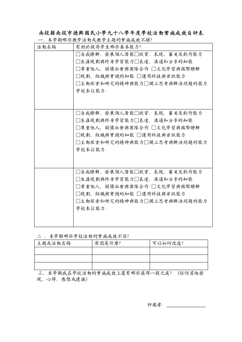 表八學校活動實施成效自評表