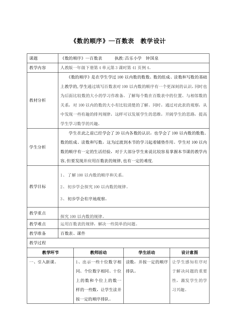 小学数学人教一年级《数的顺序》—百数表