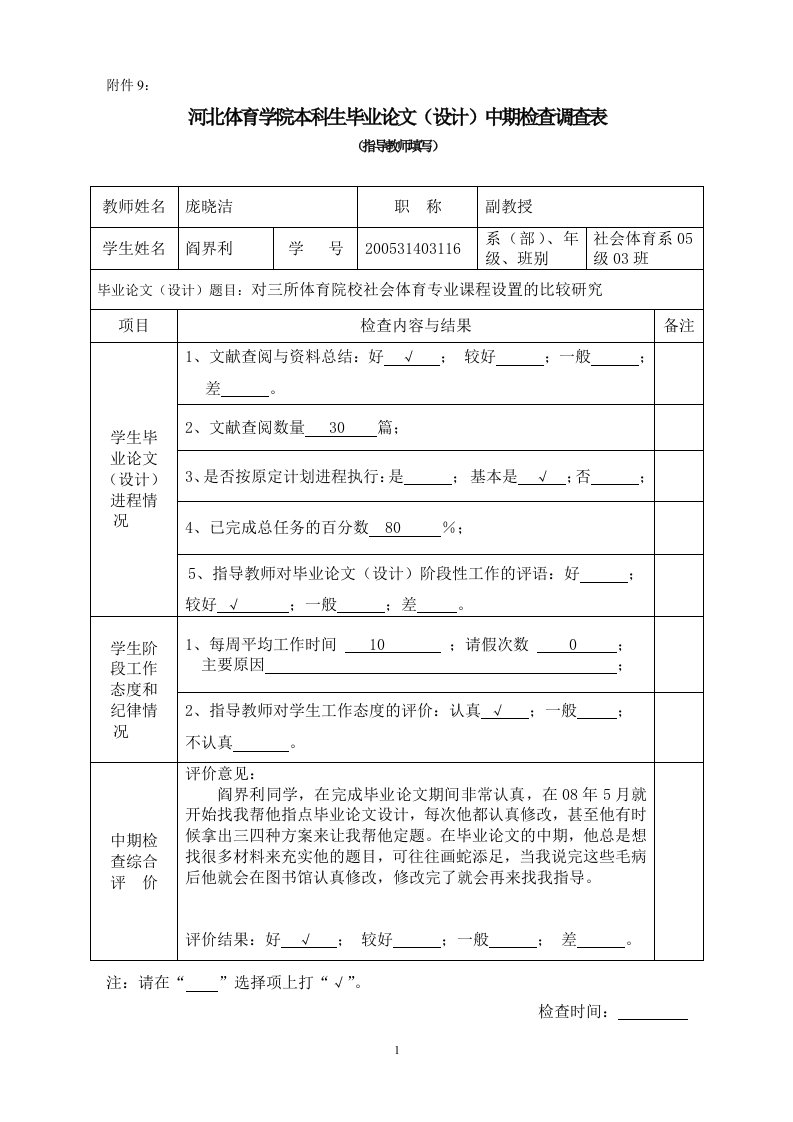 河北体育学院本科生毕业论文中期检查调查表