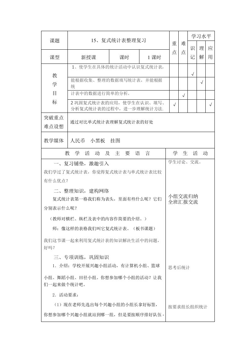 15、复式统计表复习教案doc