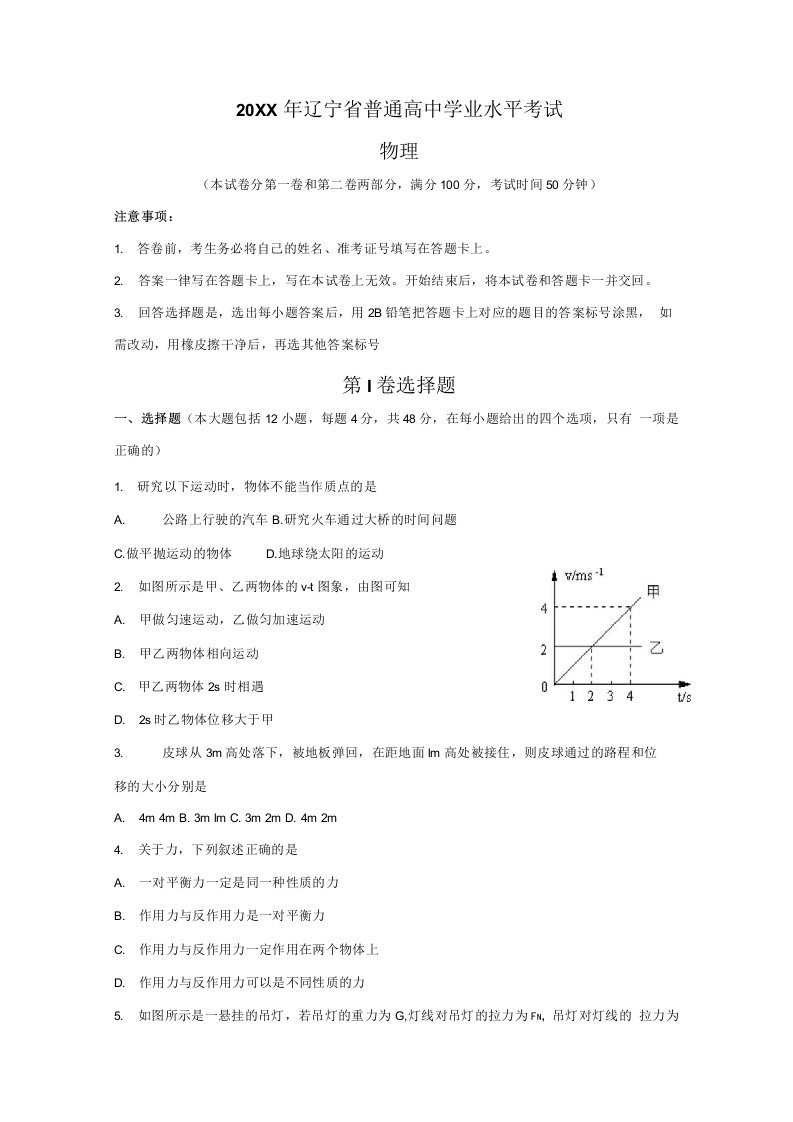 辽宁省普通高中学业水平考试物理试卷