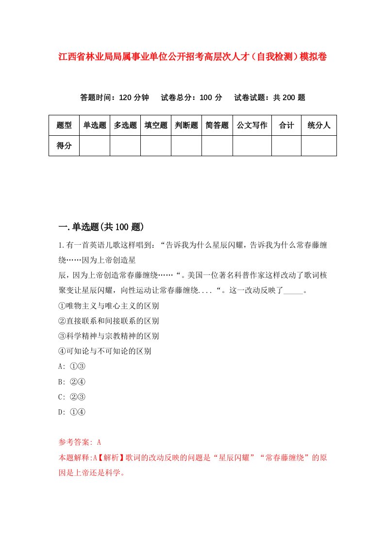 江西省林业局局属事业单位公开招考高层次人才自我检测模拟卷第6次