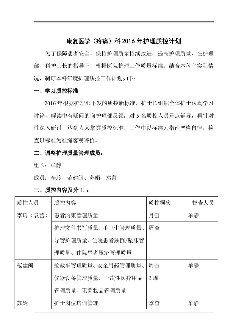 2016康复医学疼痛科质控计划