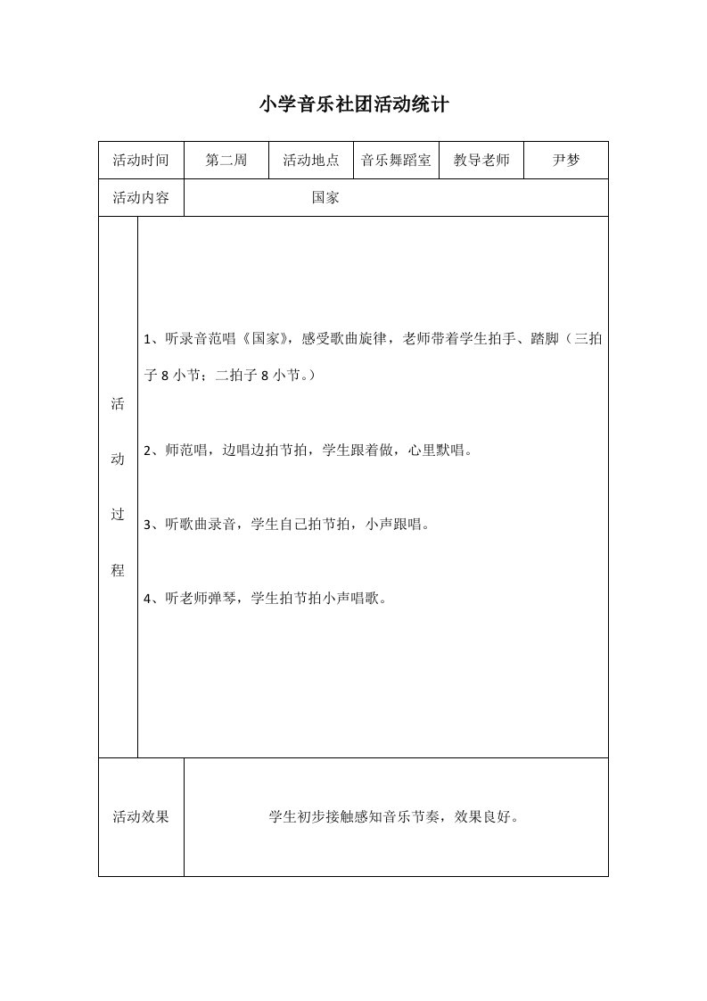 小学音乐社团活动记录样稿