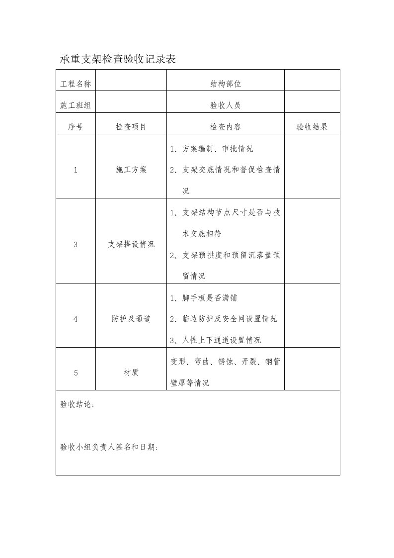 承重支架检查验收记录表