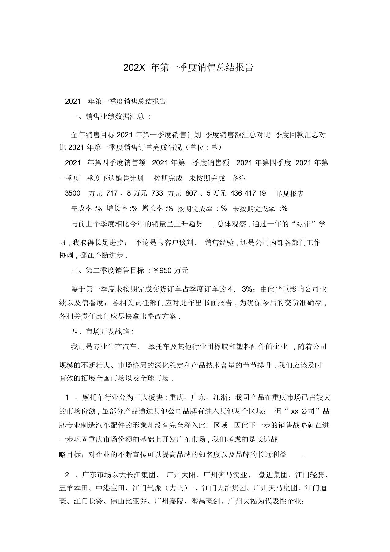 202X年第一季度销售总结报告