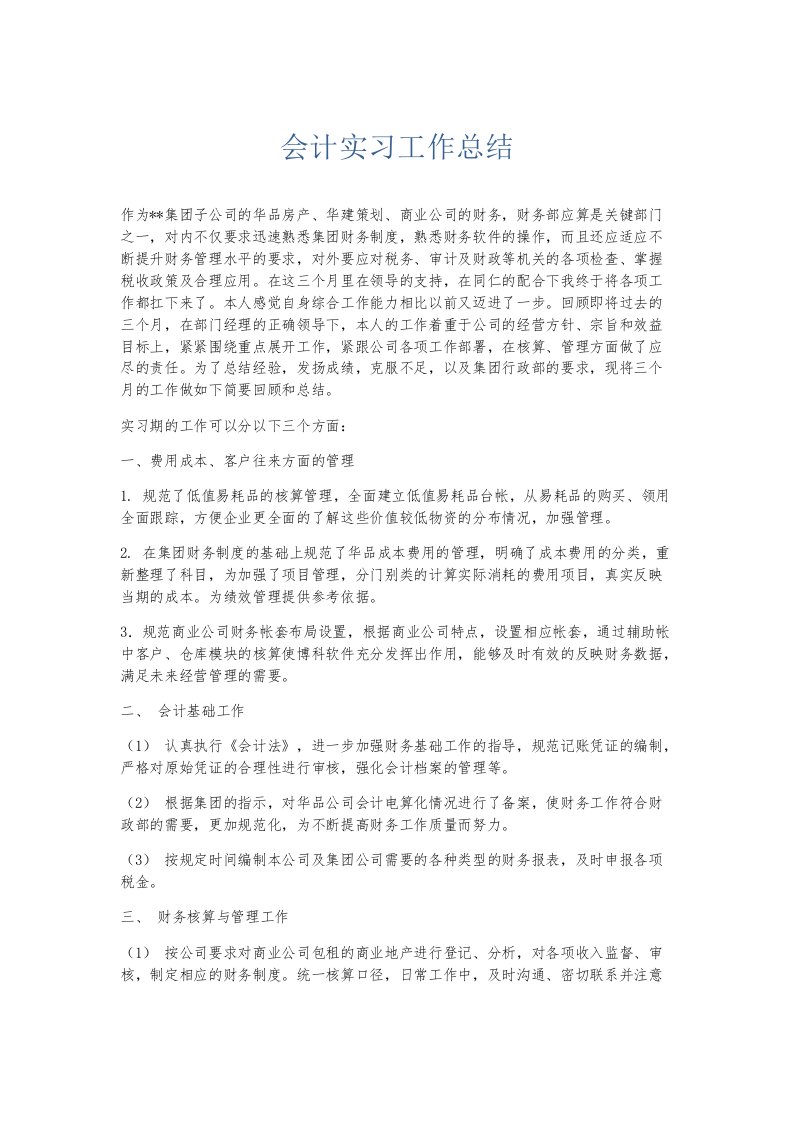 实习报告会计实习工作总结