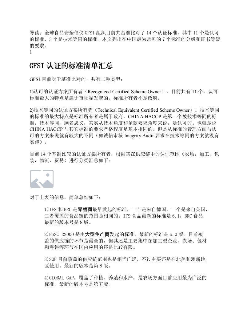 GFSI认证标准清单及认证规则汇总