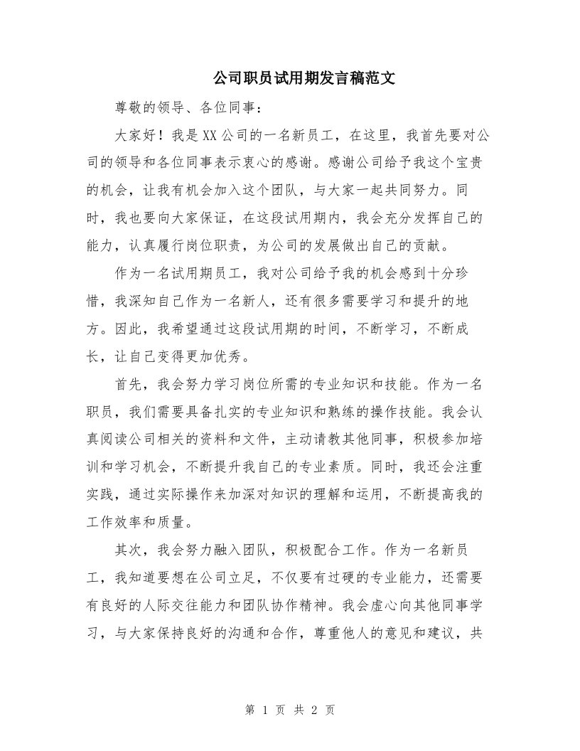 公司职员试用期发言稿范文