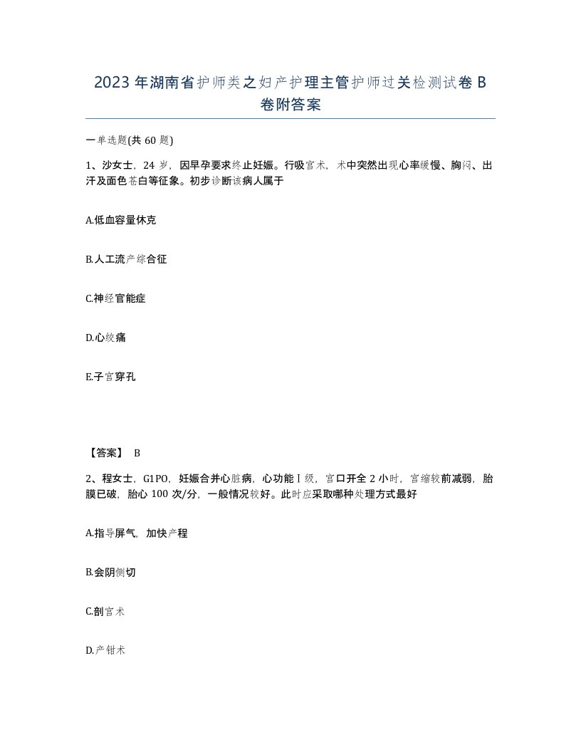 2023年湖南省护师类之妇产护理主管护师过关检测试卷B卷附答案